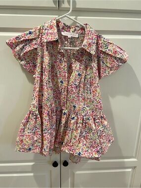 Floral Ruffled Cotton Shirt Dress - Pink Multi